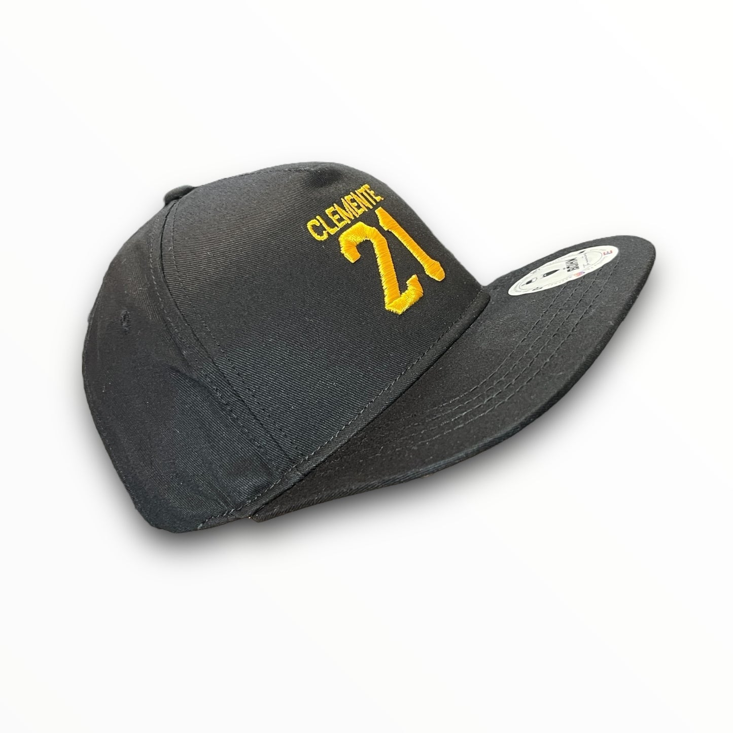 Yellow Crispy Clemente 21 Logo on Black Baseball Cap with Puerto Rican Flag on the Side