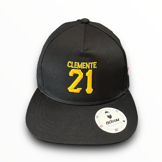 Yellow Crispy Clemente 21 Logo on Black Baseball Cap with Puerto Rican Flag on the Side