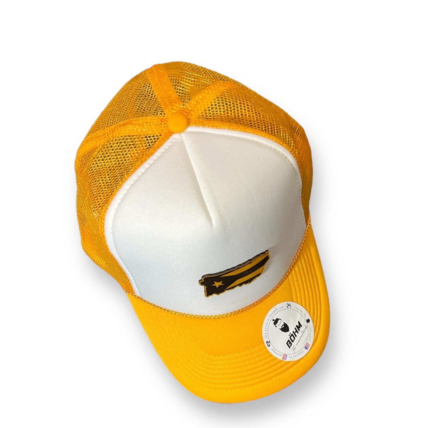 Yellow and White Trucker Cap with Puerto Rico Island Shape and Flag Patch