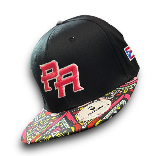 Pink Crispy PR Logo on Black Cap with Colorful Geometric Pattern Visor, and Puerto Rican Flag