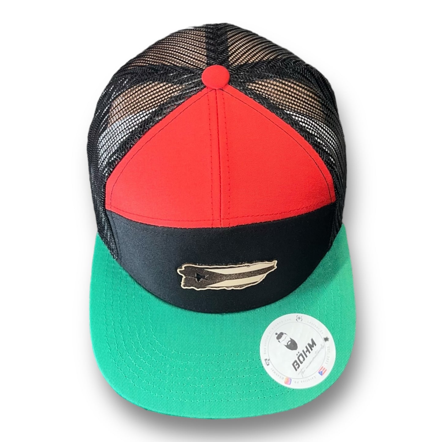 7 Panel Cap with Green Visor and Puerto Rico Island Shape Leather Patch