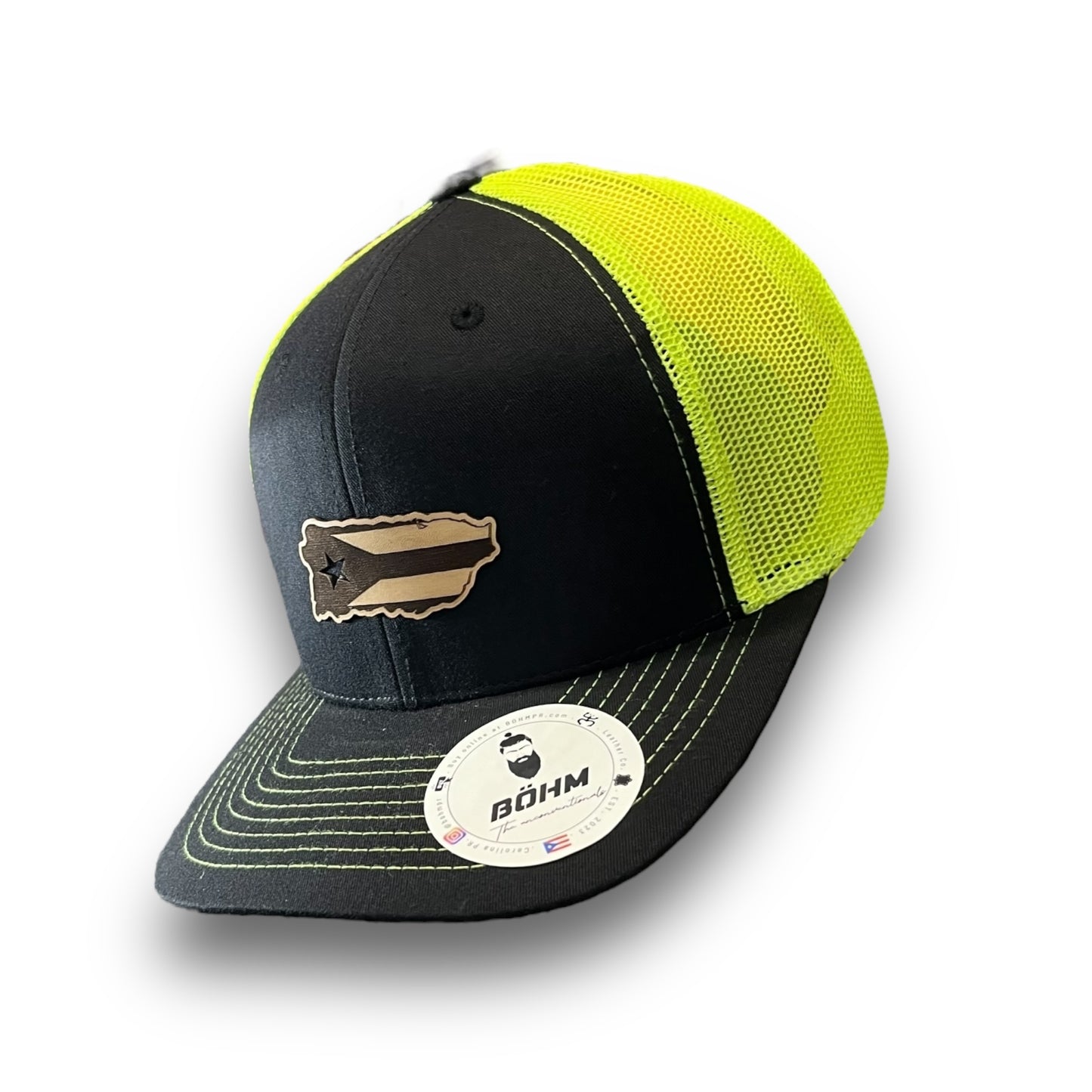 Black and Neon Yellow Trucker Baseball Hat with Puerto Rico Island Flag Patch