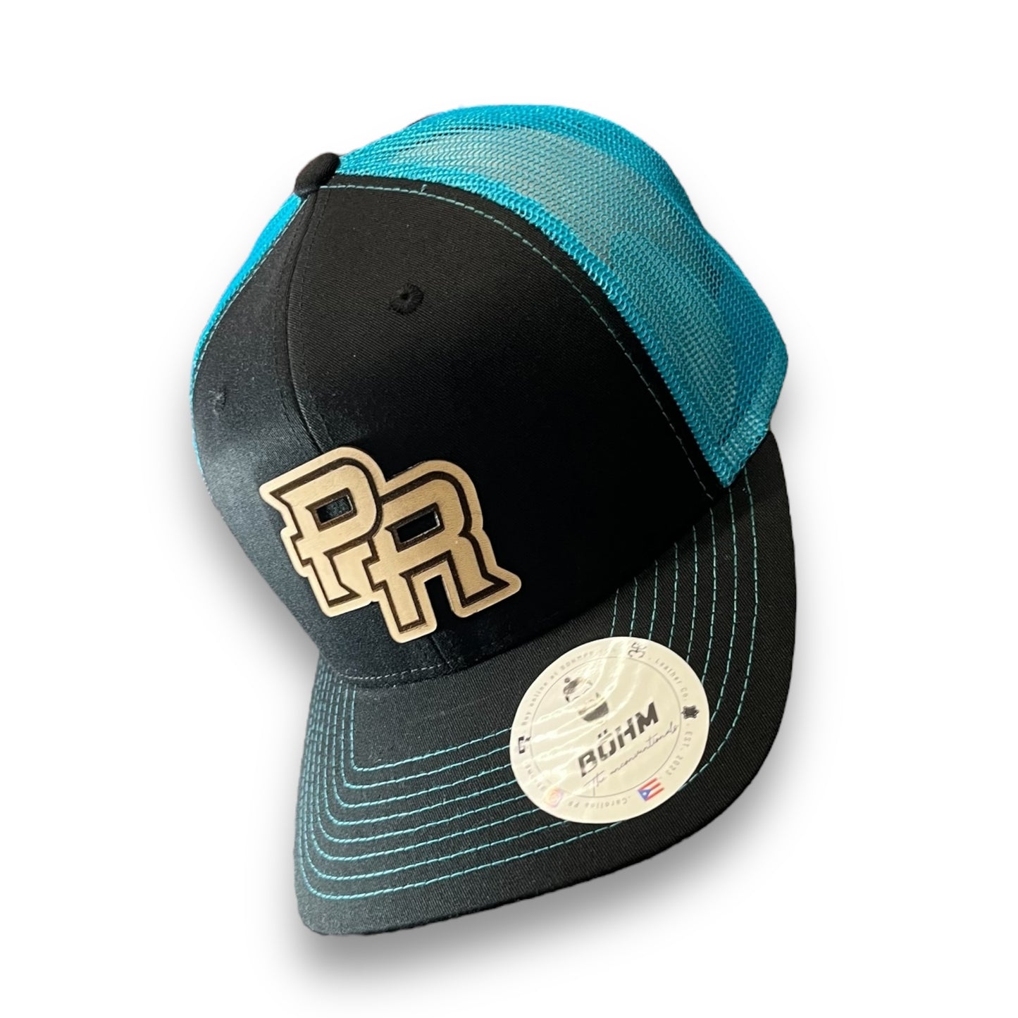 Neon Blue and Black Trucker Baseball Hat with Puerto Rico Leather Patch