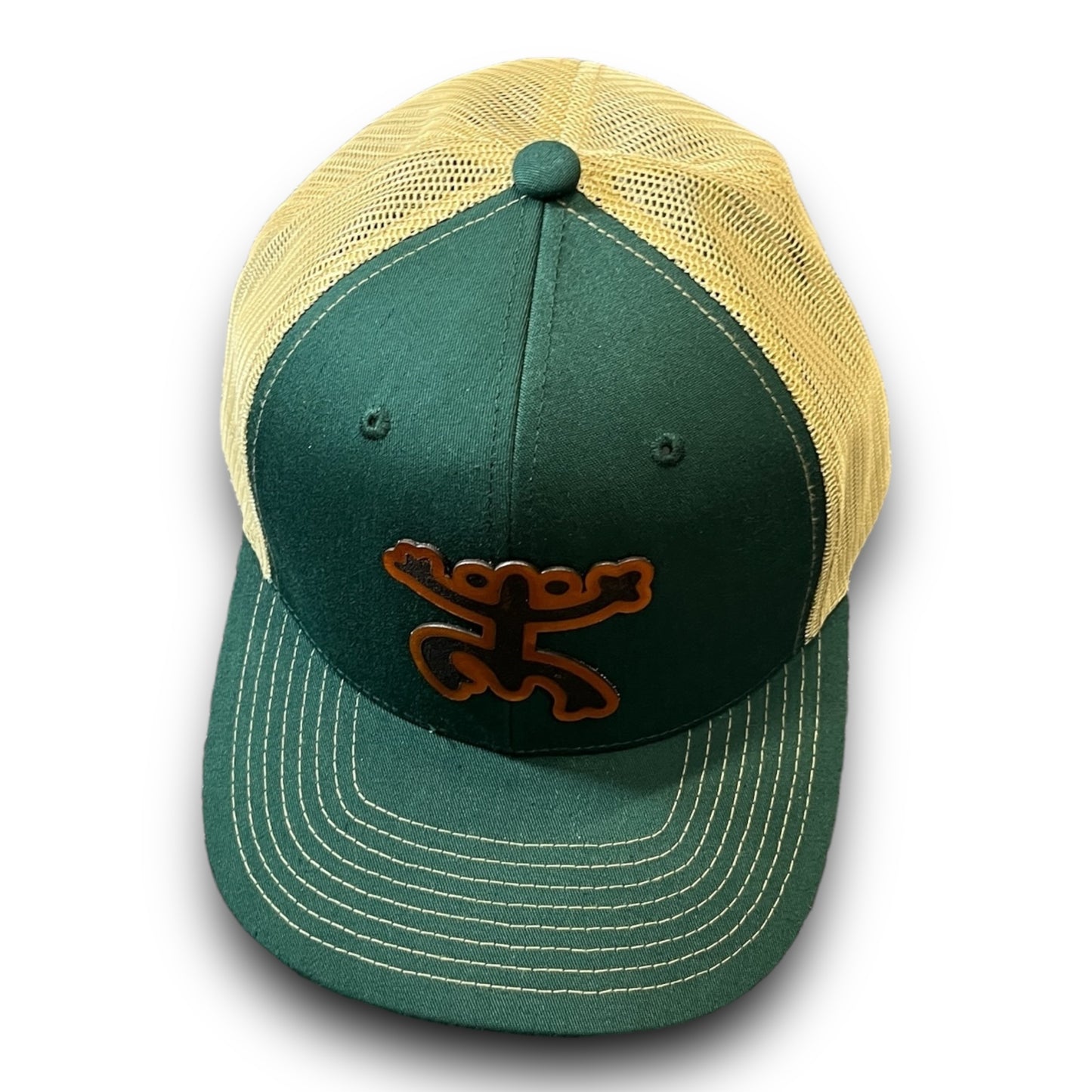 Dark Green Cap with Beige Mesh and Taino Coqui Leather Patch Puerto Rico