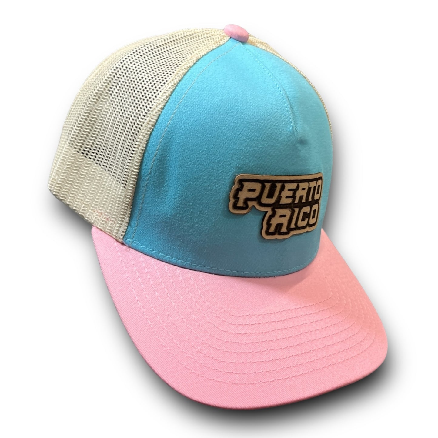 Baby Blue Cap with Beige Mesh and Pink Visor, PUERTO RICO Leather Patch