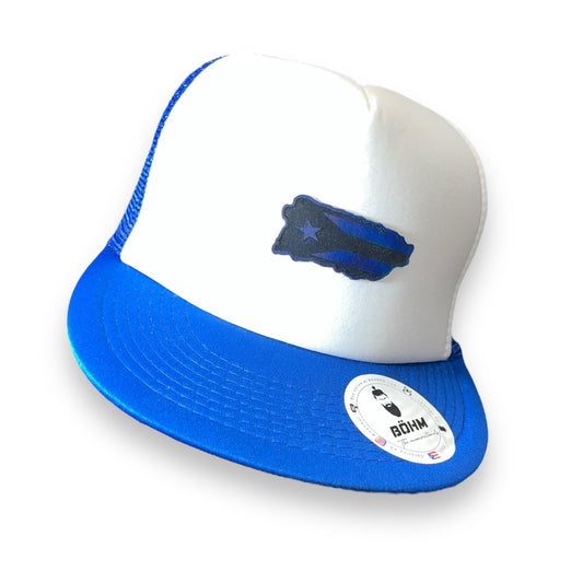 Blue and White Trucker Cap with Puerto Rico Island Shape and Flag Patch