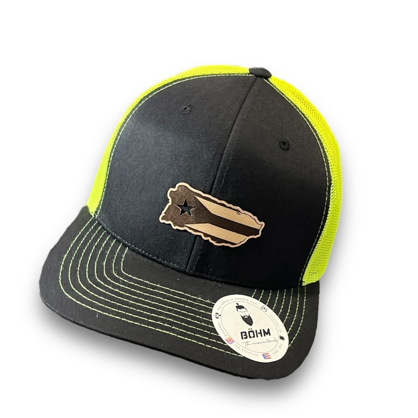 Black and Neon Yellow Trucker Baseball Hat with Puerto Rico Island Flag Patch