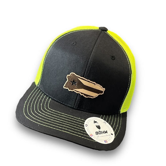 Black and Neon Yellow Trucker Baseball Hat with Puerto Rico Island Flag Patch