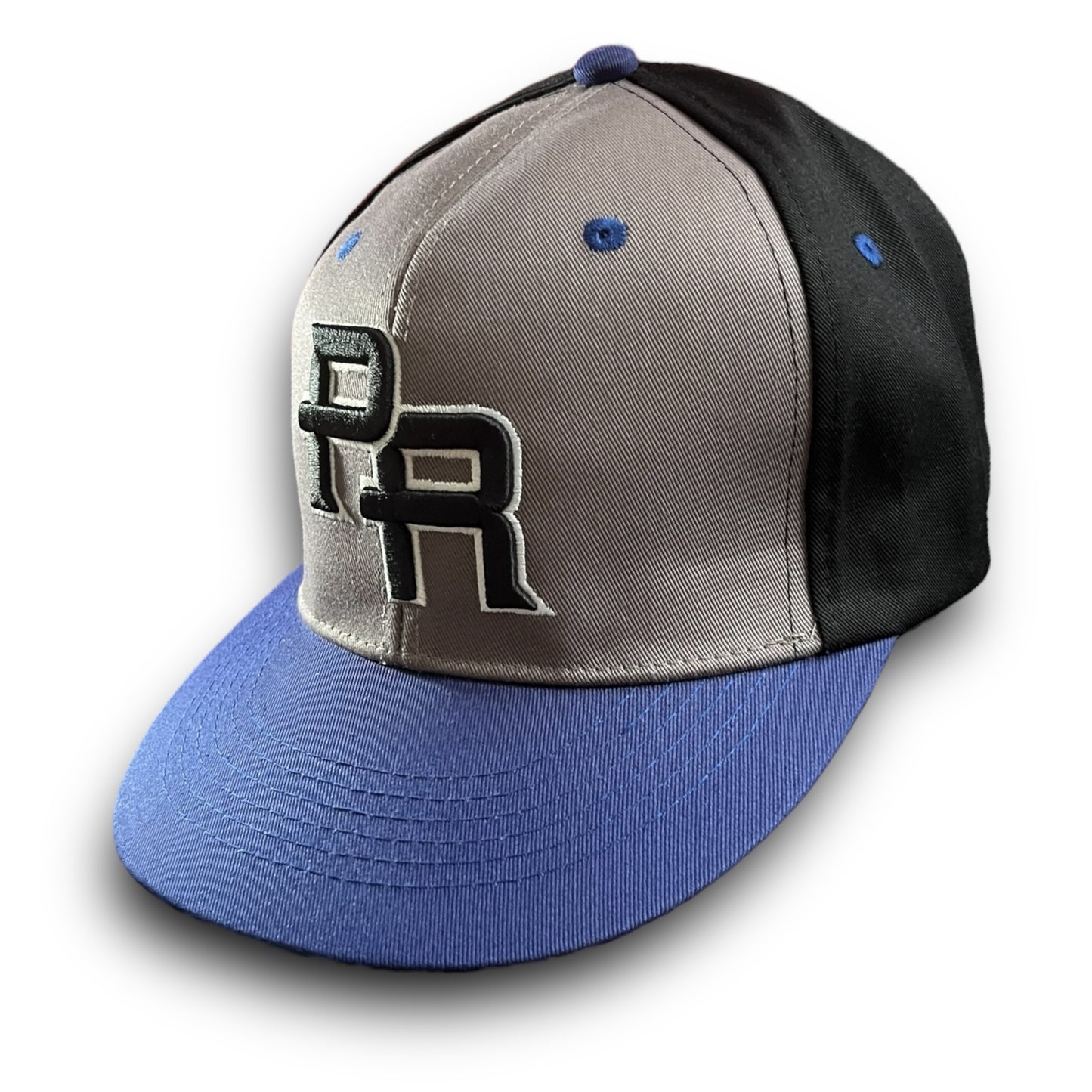 Gray and Black Cap with Blue Visor, PR Logo, and Colorful Puerto Rico Flag