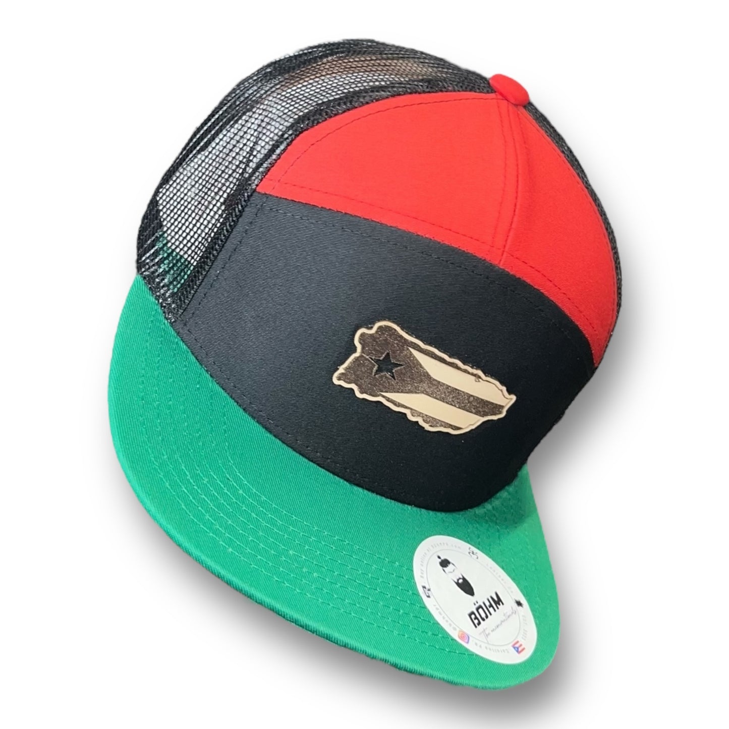 7 Panel Cap with Green Visor and Puerto Rico Island Shape Leather Patch