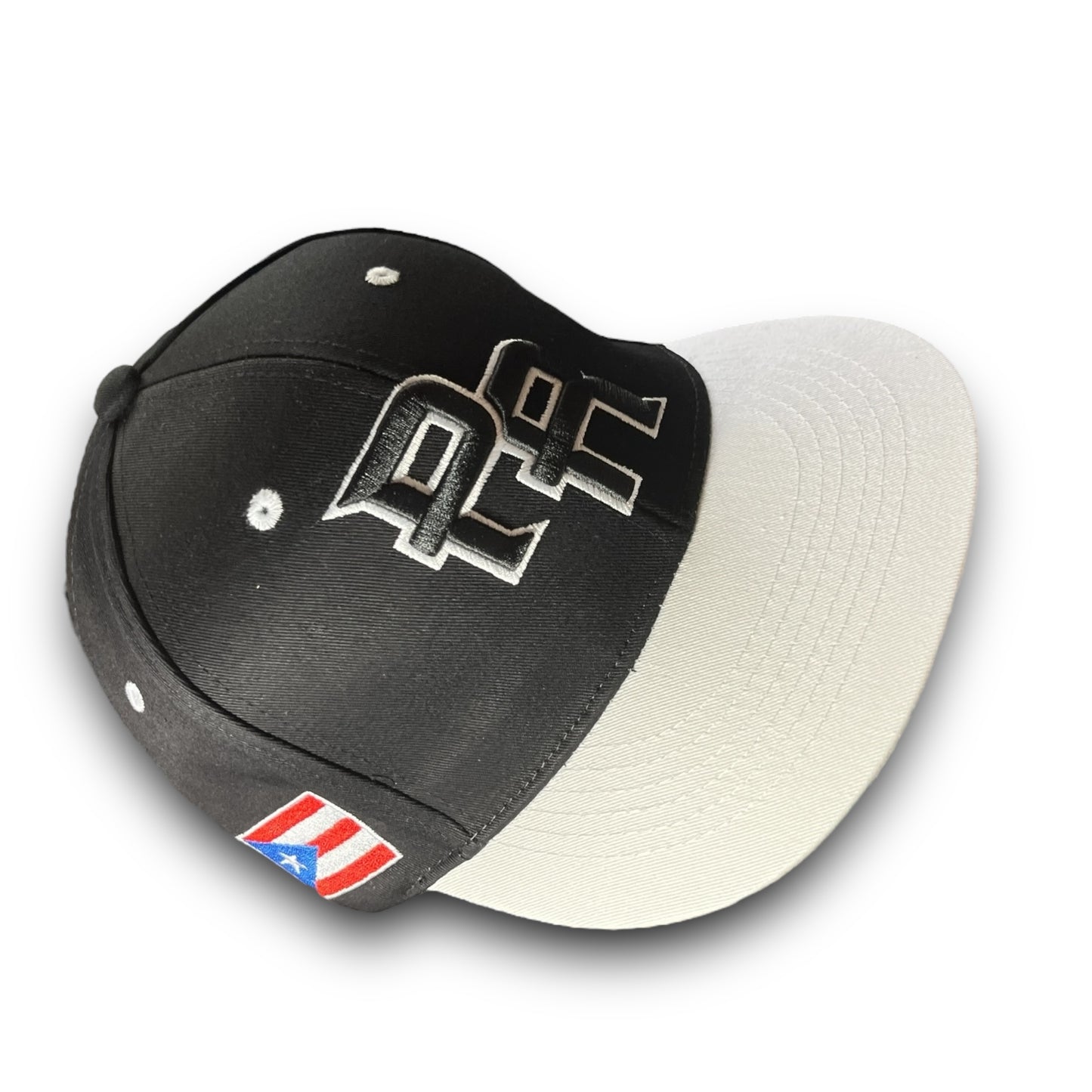 Black Cap with White Visor, Crispy Black PR Logo, and Puerto Rican Flag