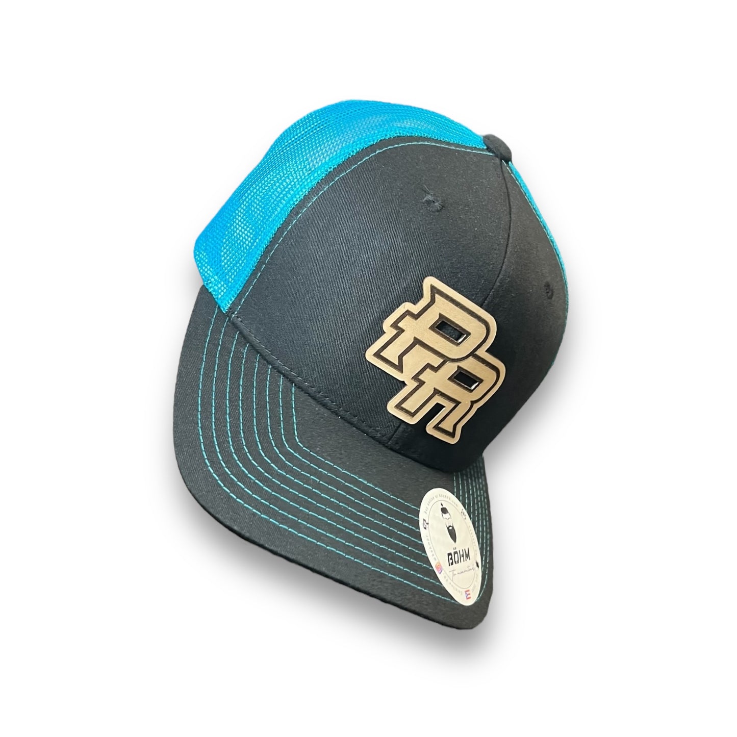 Neon Blue and Black Trucker Baseball Hat with Puerto Rico Leather Patch