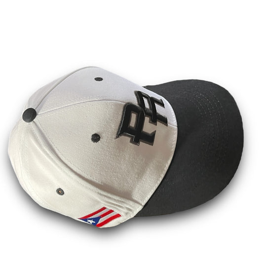 White Cap with Black Visor, Crispy Black PR Logo, and Puerto Rico Flag