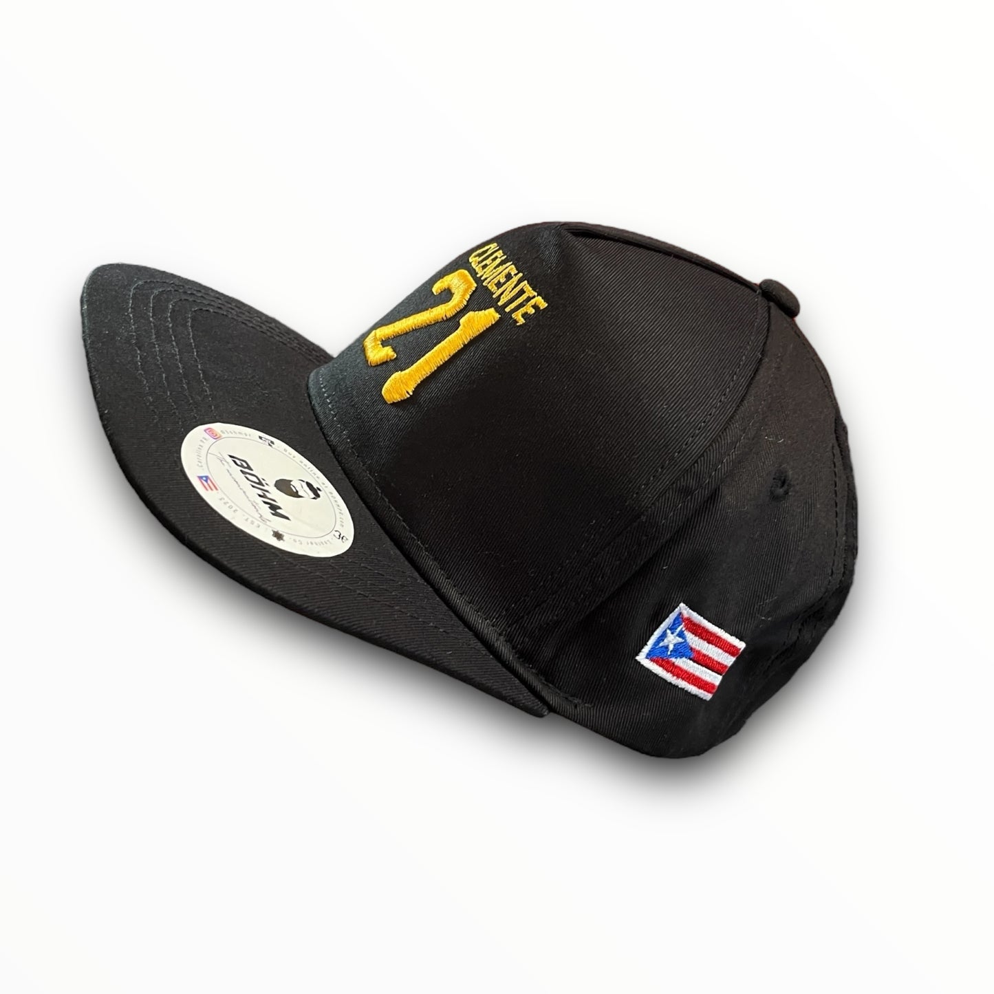 Yellow Crispy Clemente 21 Logo on Black Baseball Cap with Puerto Rican Flag on the Side