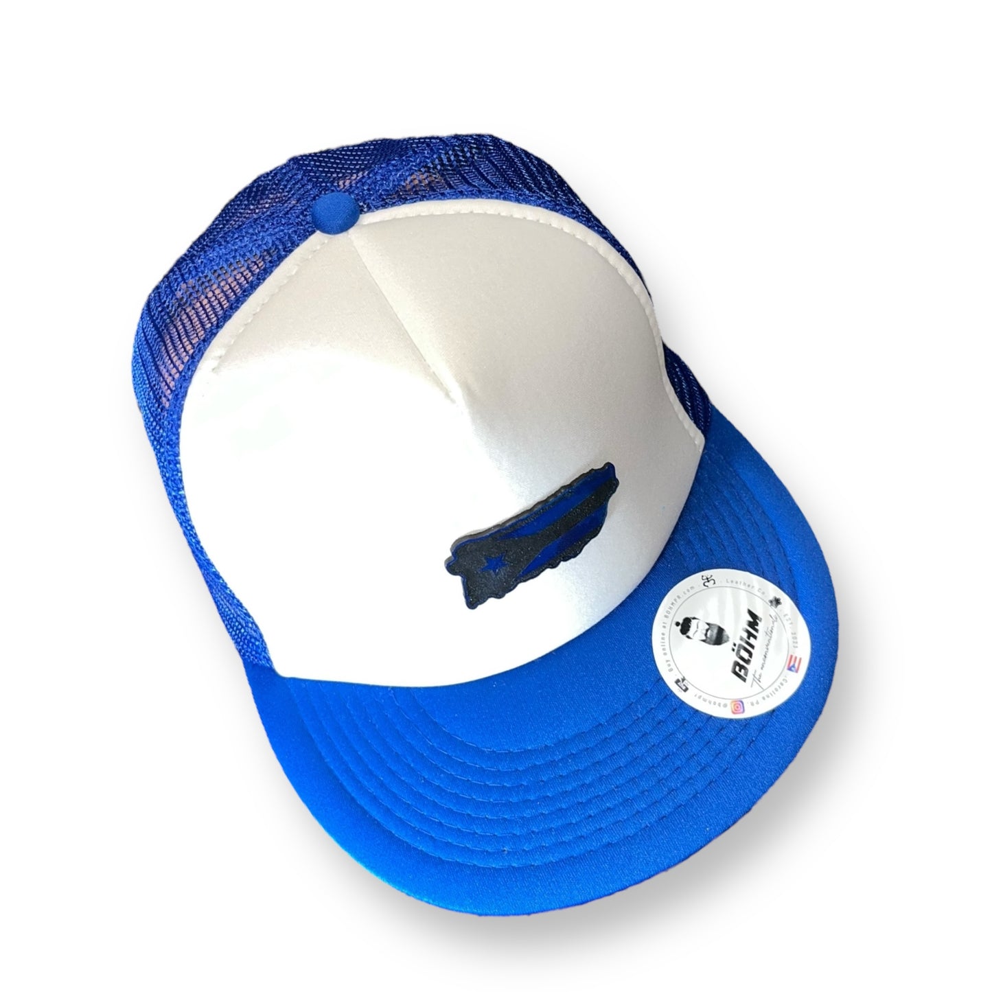 Blue and White Trucker Cap with Puerto Rico Island Shape and Flag Patch