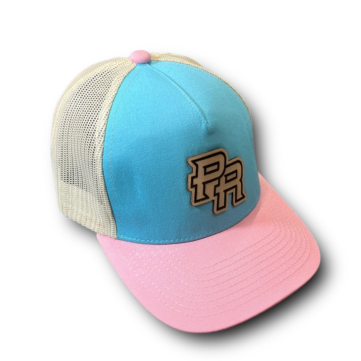 Baby Blue Cap with Beige Mesh and Pink Visor, PR Leather Patch Puerto Rico