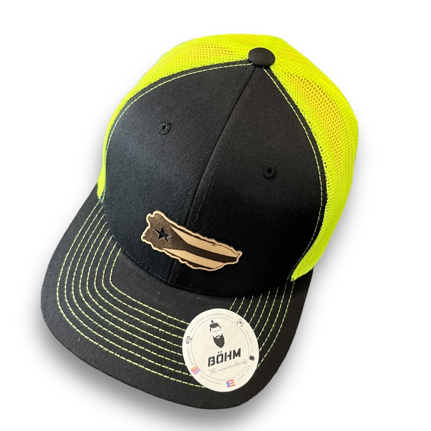 Black and Neon Yellow Trucker Baseball Hat with Puerto Rico Island Flag Patch