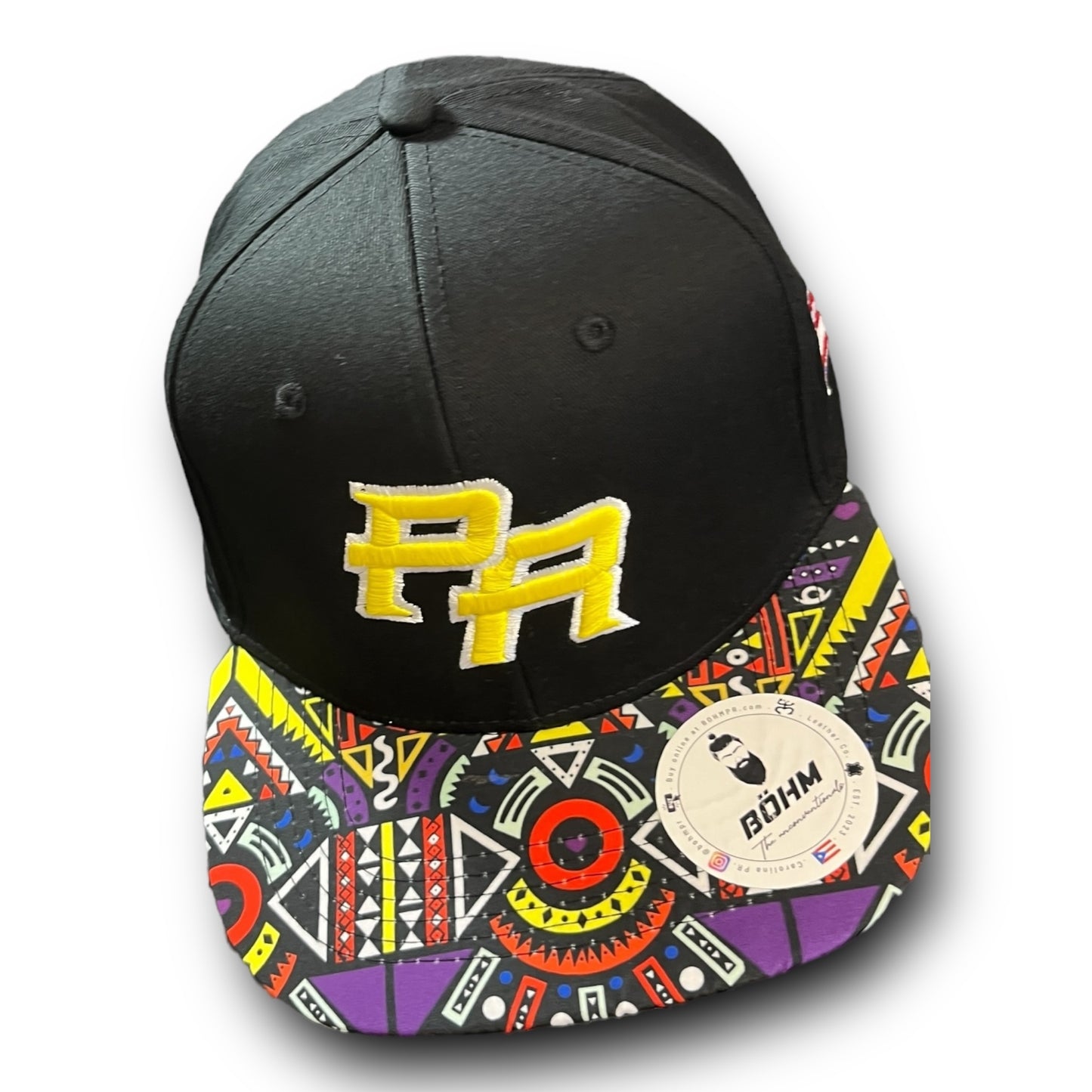 Yellow Crispy PR Logo on Black Cap with Colorful Geometric Pattern Visor, and Puerto Rico Flag