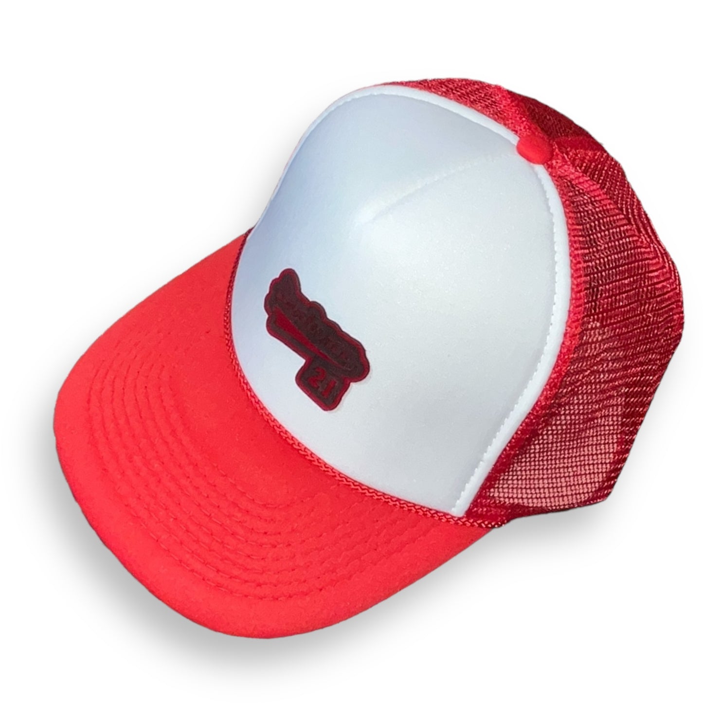 Red and White Trucker Cap with Santurce 21 Patch Puerto Rico