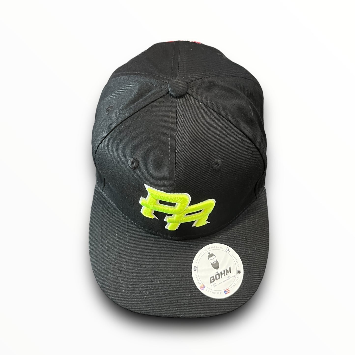 Neon Green Crispy PR Logo on Black Baseball Cap with Puerto Rican Flag on the Back