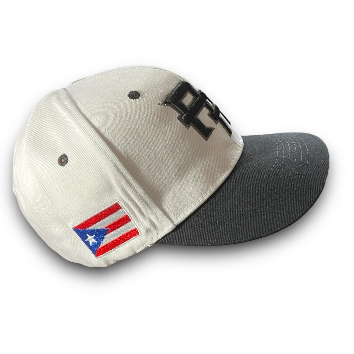 White Cap with Black Visor, Crispy Black PR Logo, and Puerto Rico Flag