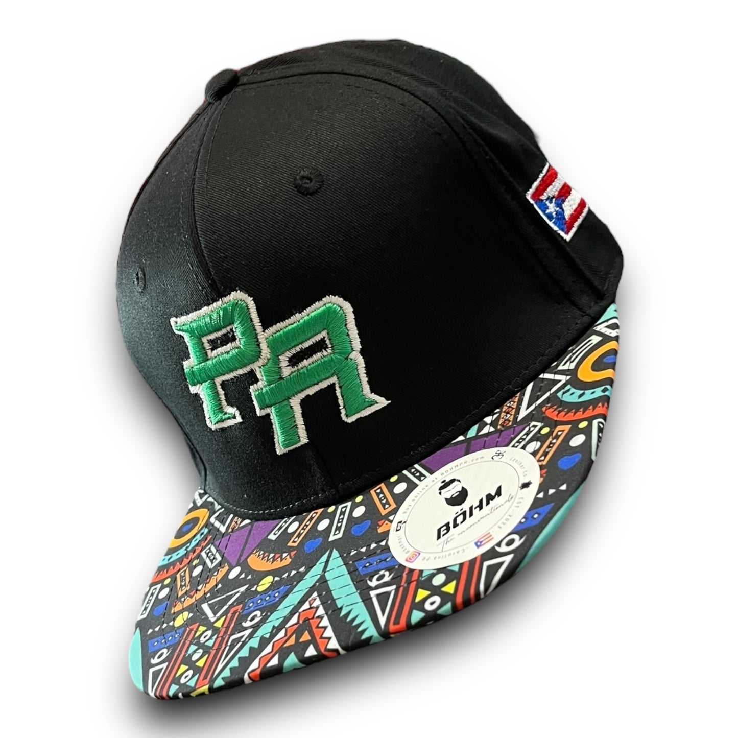 Green Crispy PR Logo on Black Cap with Colorful Geometric Pattern Visor, and Puerto Rico Flag