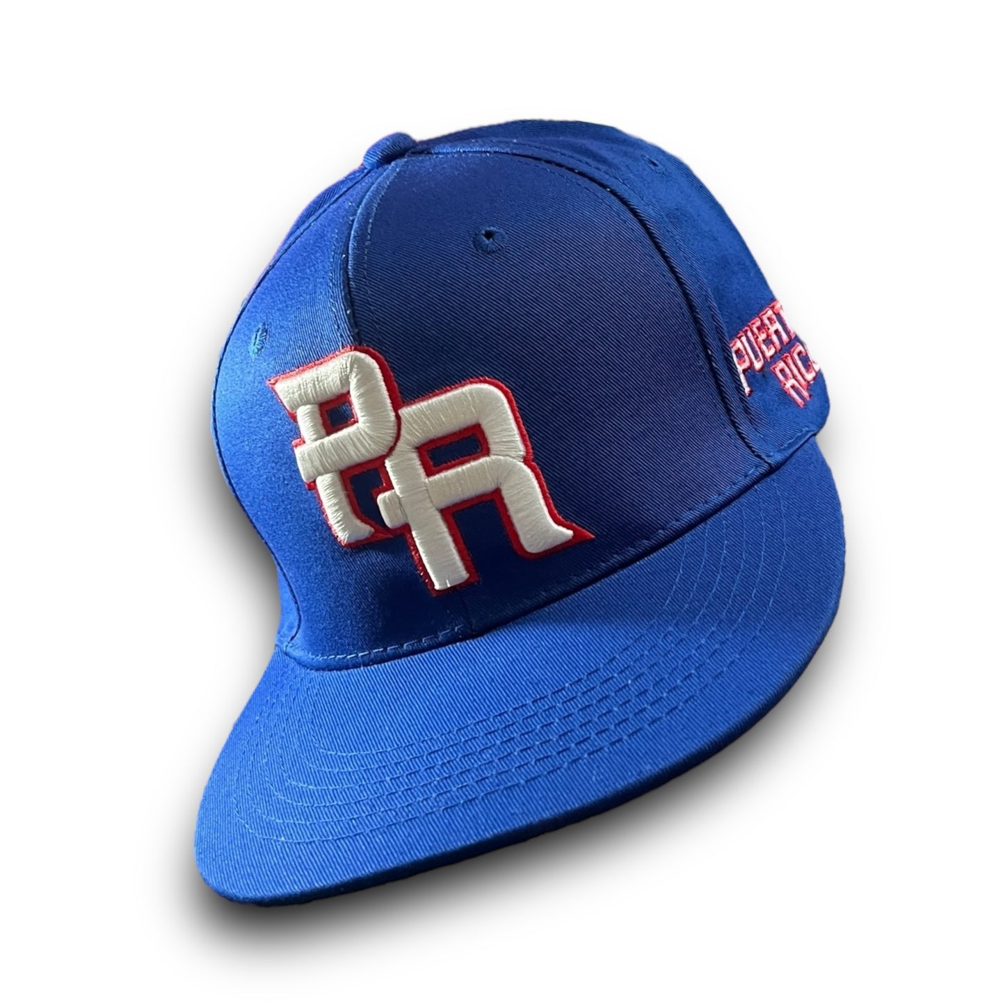 Blue Baseball Cap with Crispy White and Red PR Logo and Puerto Rico on the side Flag on Back