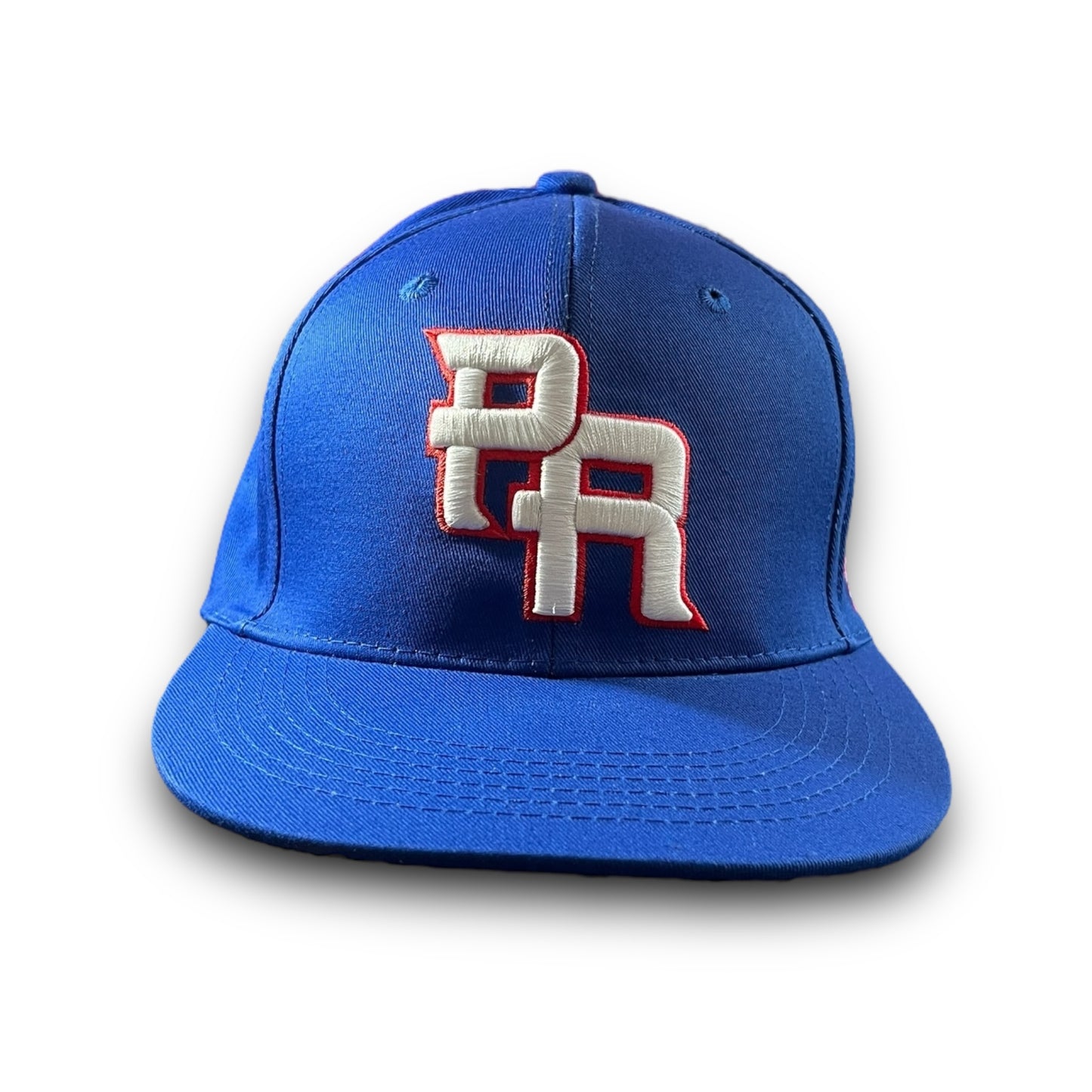 Blue Baseball Cap with Crispy White and Red PR Logo and Puerto Rico on the side Flag on Back