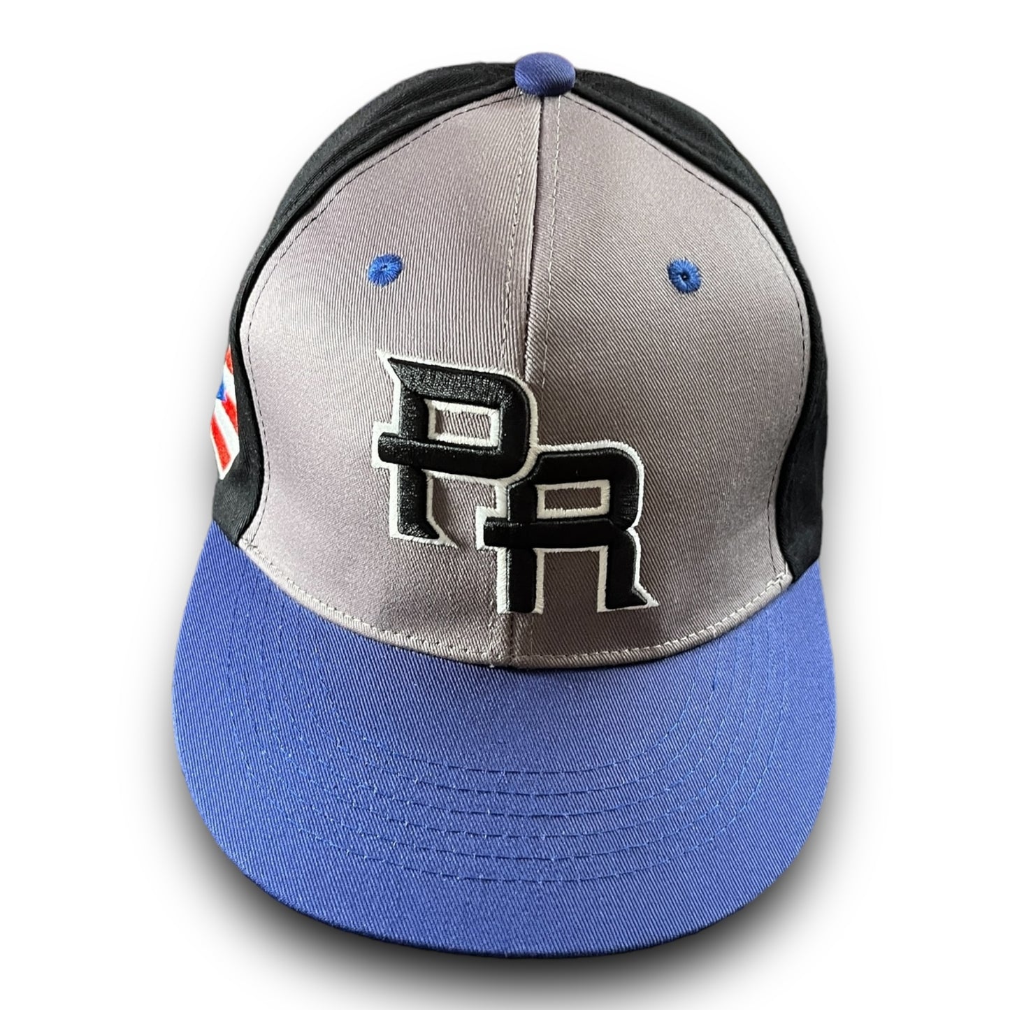 Gray and Black Cap with Blue Visor, PR Logo, and Colorful Puerto Rico Flag