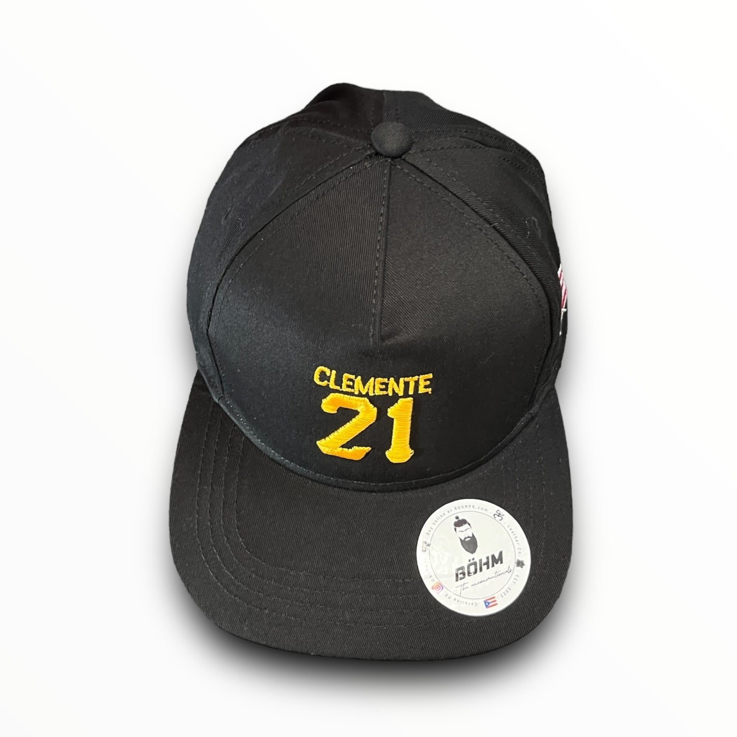 Yellow Crispy Clemente 21 Logo on Black Baseball Cap with Puerto Rican Flag on the Side