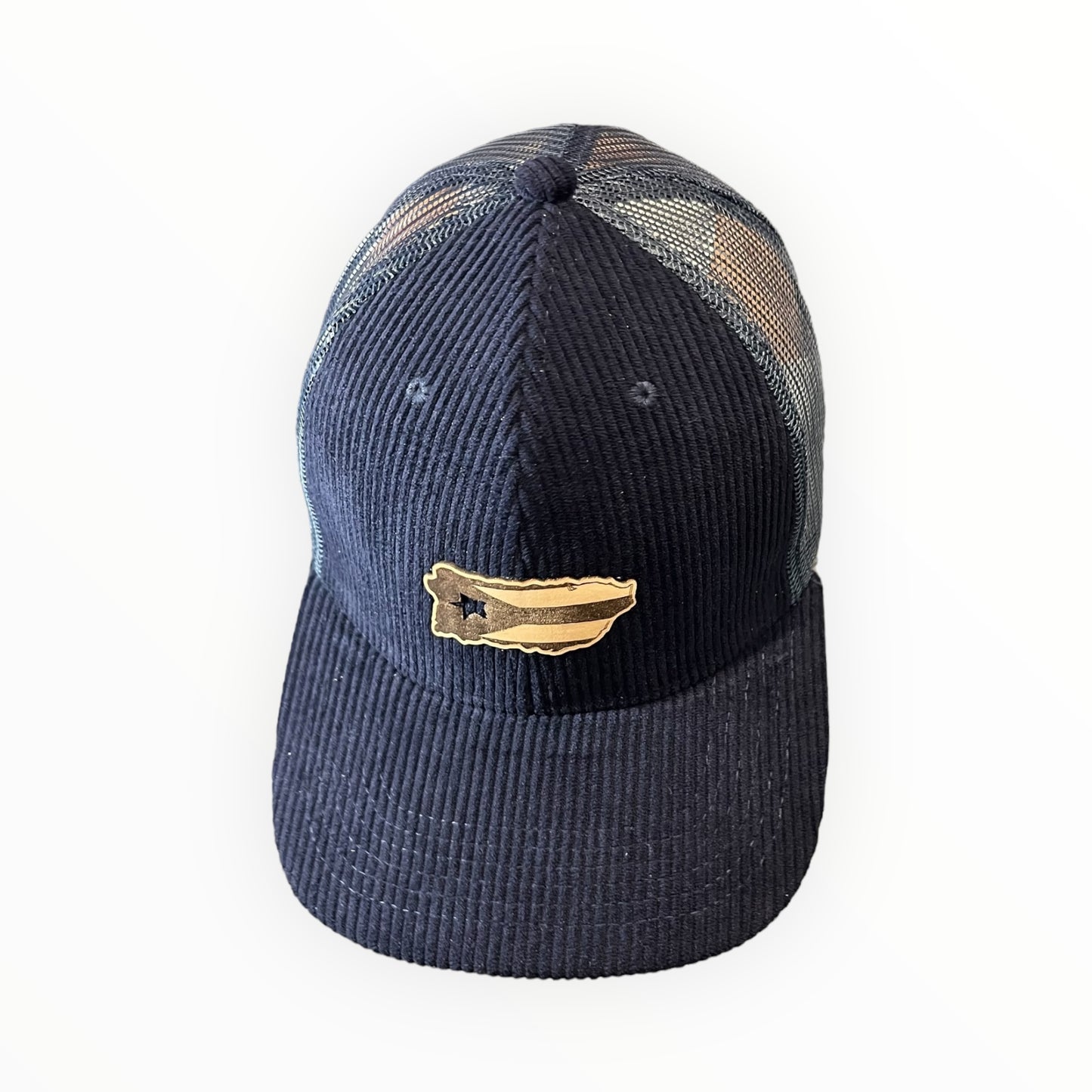 Navy Blue Corduroy and Mesh Cap with Puerto Rico Island Flag Leather Patch