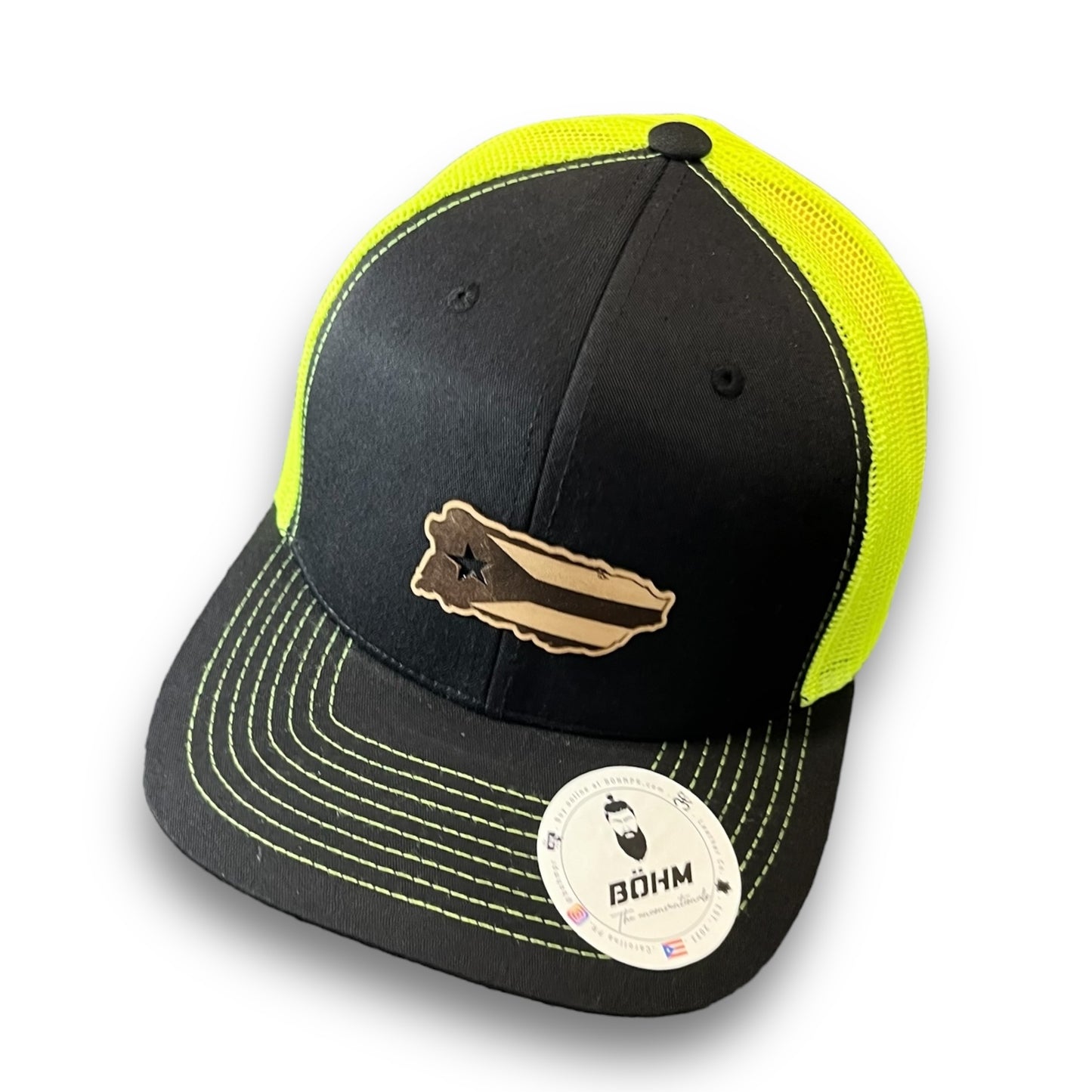 Black and Neon Yellow Trucker Baseball Hat with Puerto Rico Island Flag Patch