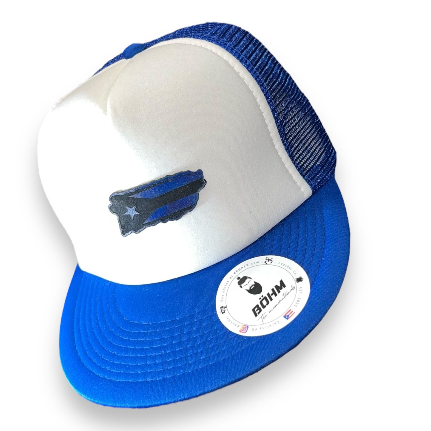 Blue and White Trucker Cap with Puerto Rico Island Shape and Flag Patch