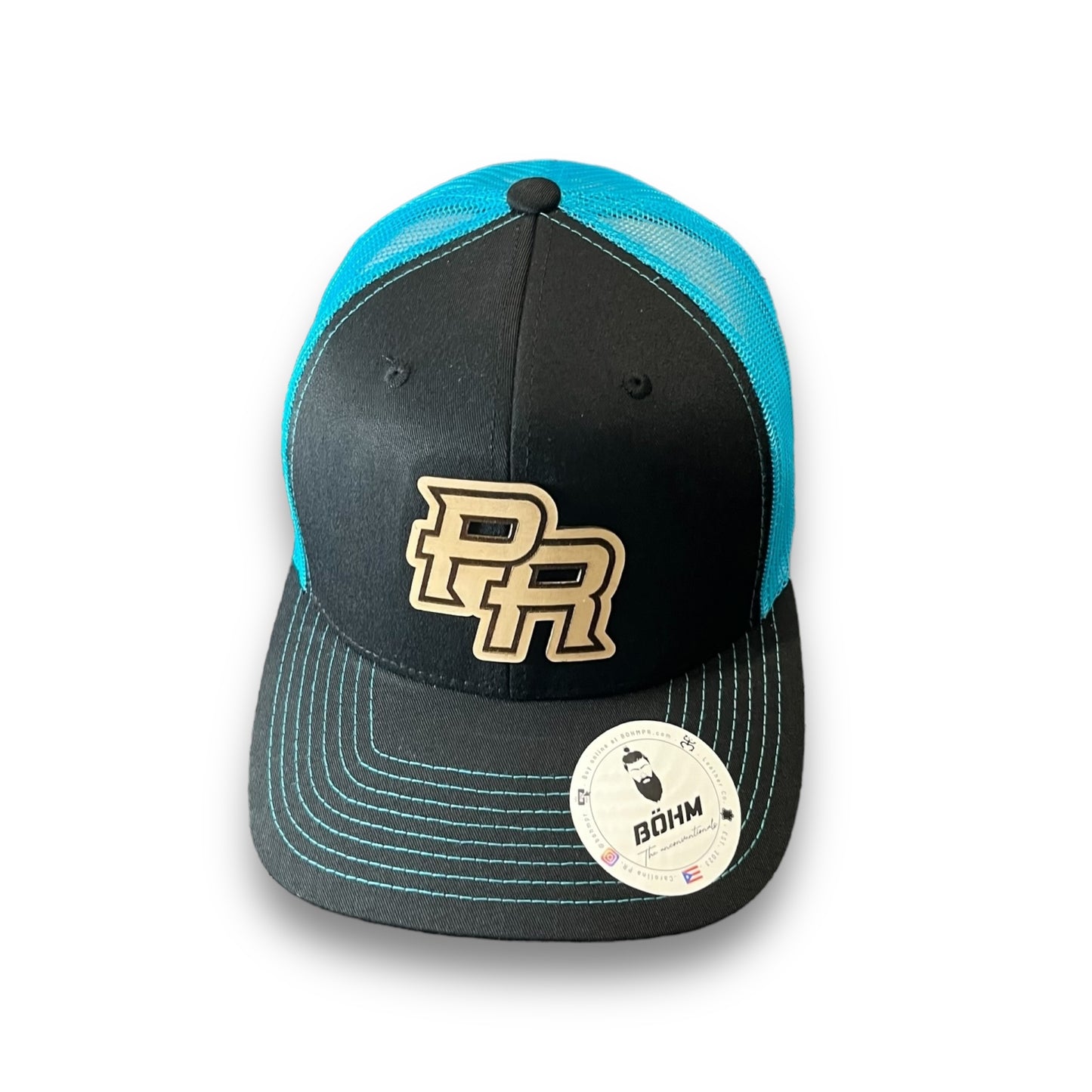 Neon Blue and Black Trucker Baseball Hat with Puerto Rico Leather Patch