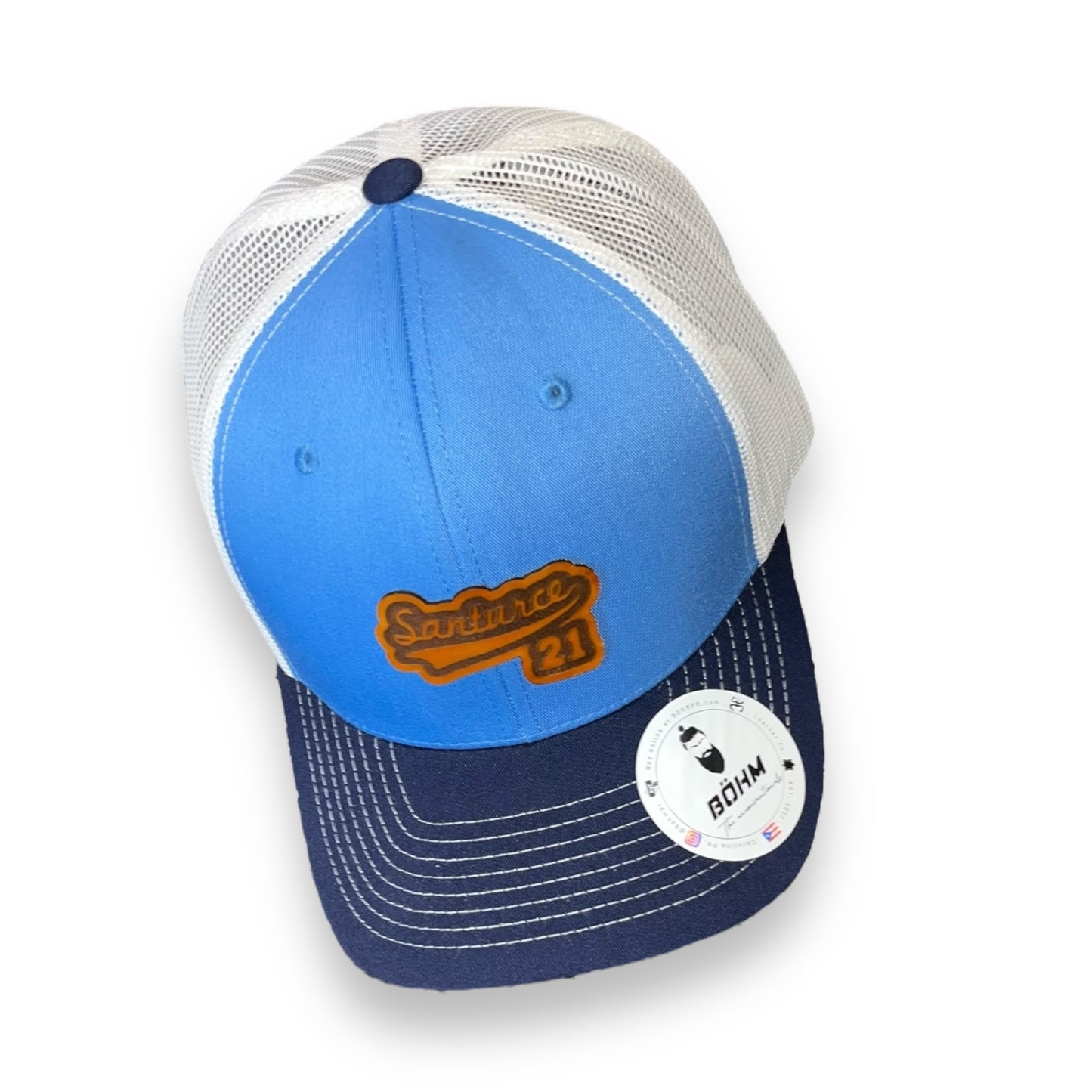 White and Light Blue Trucker Cap with Navy Blue Visor and Saddle Tan Leather Patch, "Santurce PR" and "21 Clemente" Puerto Rico