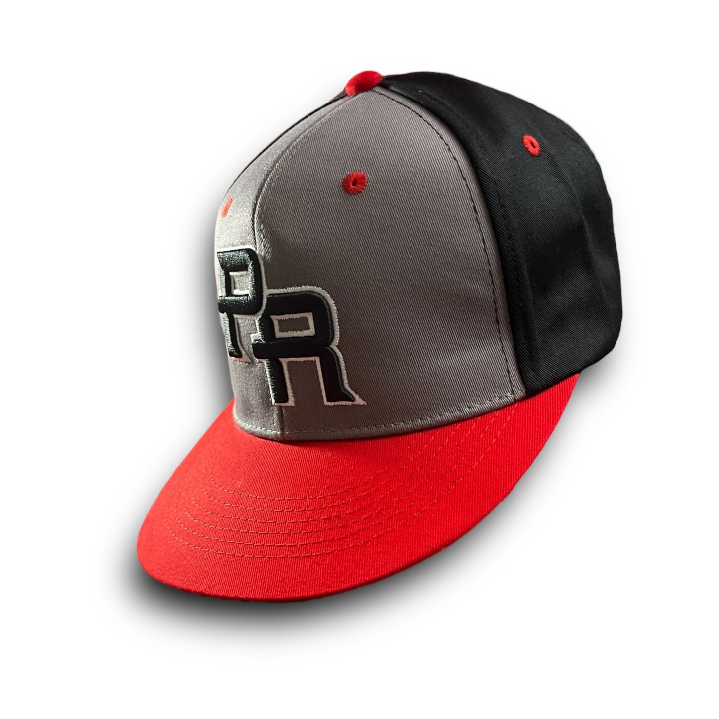 Gray and Black Cap with Red Visor, Crispy Black PR Logo, and Puerto Rico Flag