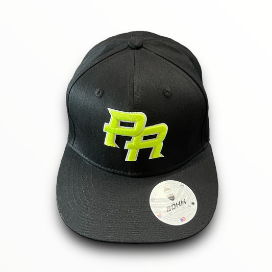 Neon Green Crispy PR Logo on Black Baseball Cap with Puerto Rican Flag on the Back