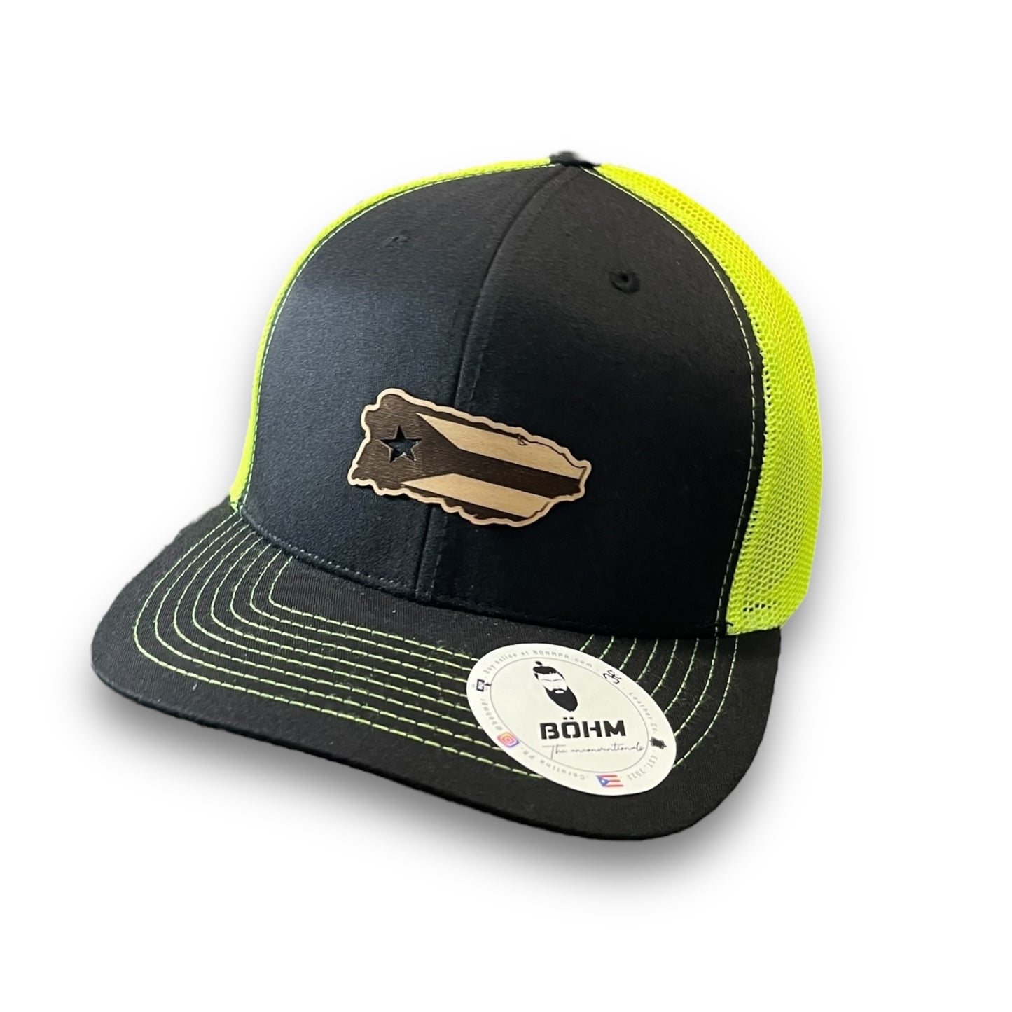 Black and Neon Yellow Trucker Baseball Hat with Puerto Rico Island Flag Patch