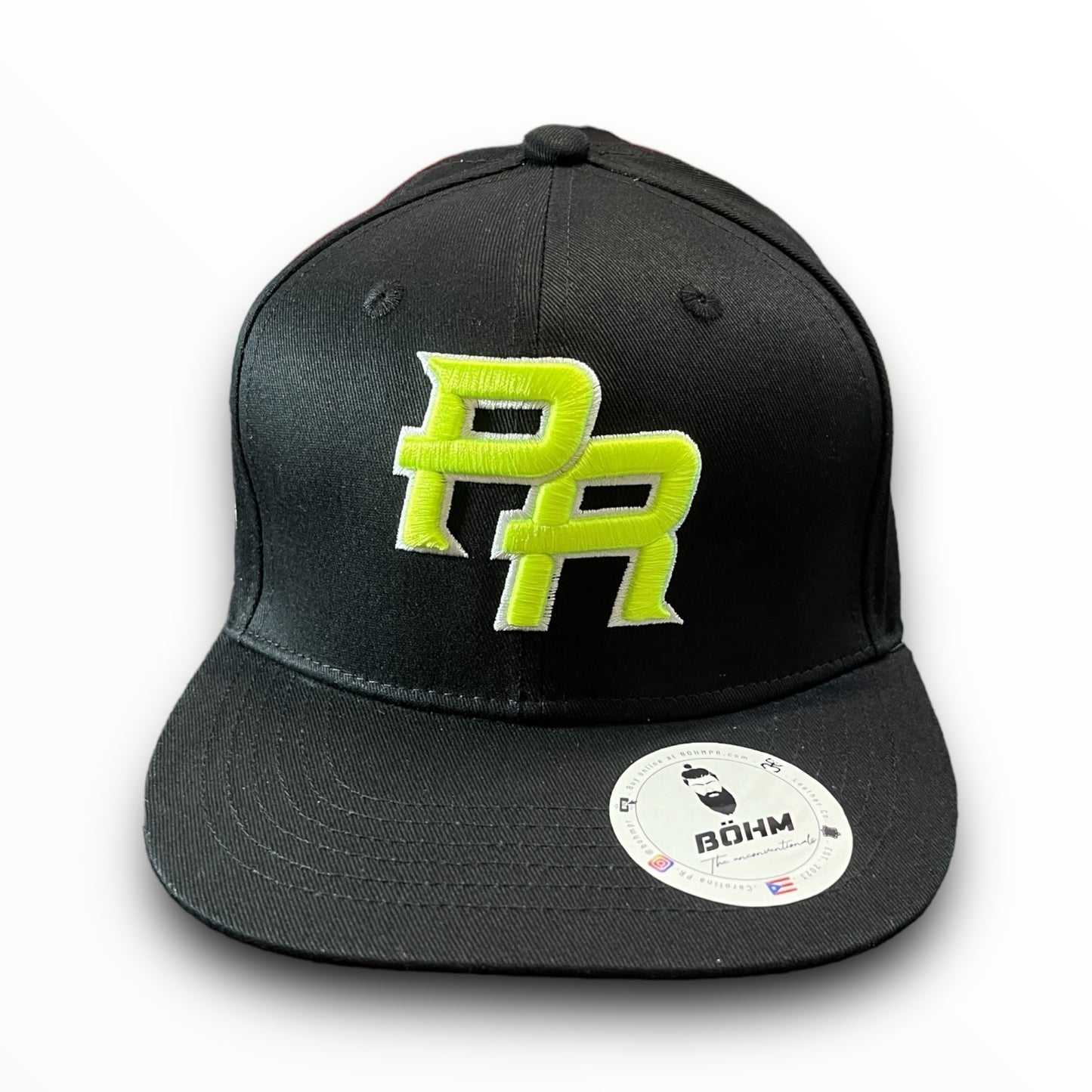 Neon Green Crispy PR Logo on Black Baseball Cap with Puerto Rican Flag on the Back