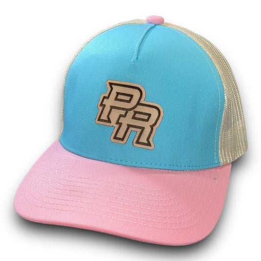 Baby Blue Cap with Beige Mesh and Pink Visor, PR Leather Patch Puerto Rico