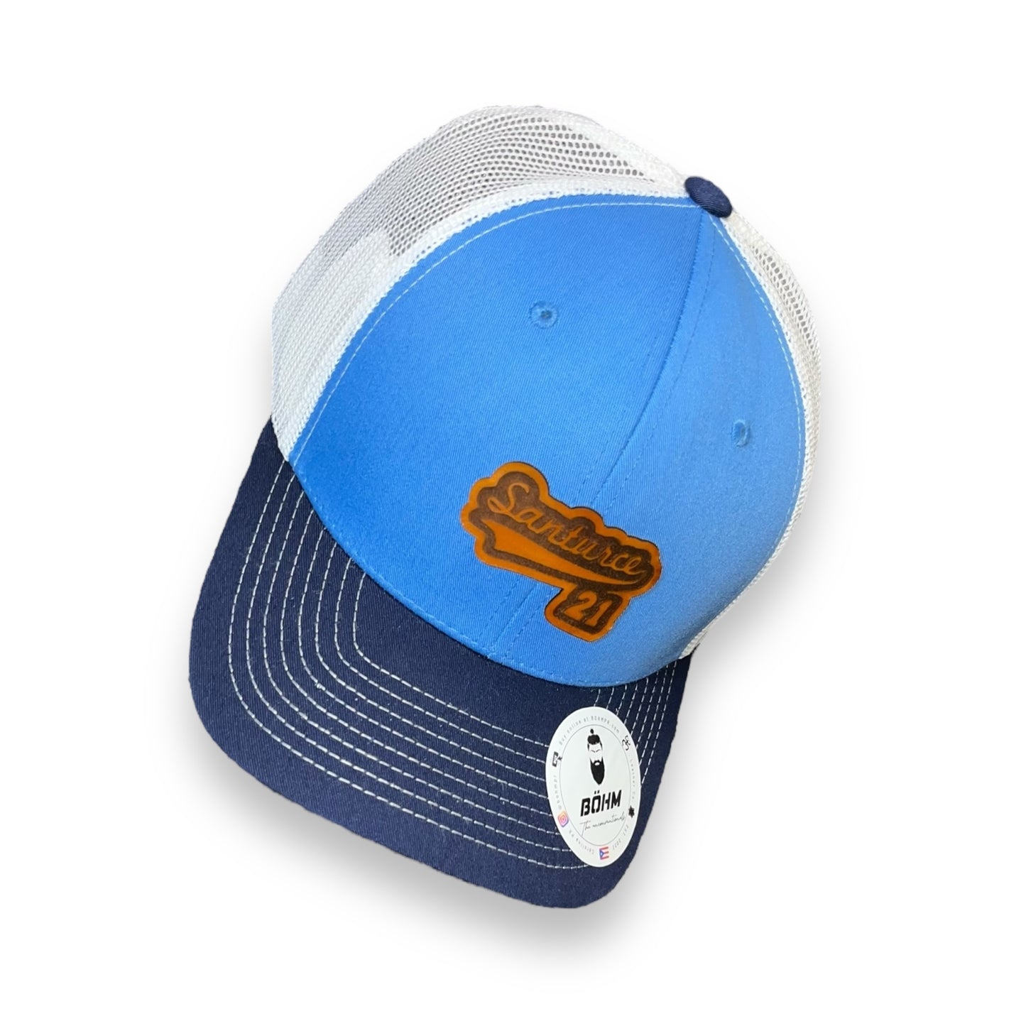 White and Light Blue Trucker Cap with Navy Blue Visor and Saddle Tan Leather Patch, "Santurce PR" and "21 Clemente" Puerto Rico