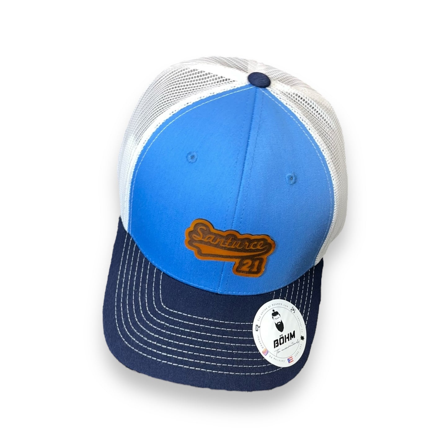 White and Light Blue Trucker Cap with Navy Blue Visor and Saddle Tan Leather Patch, "Santurce PR" and "21 Clemente" Puerto Rico