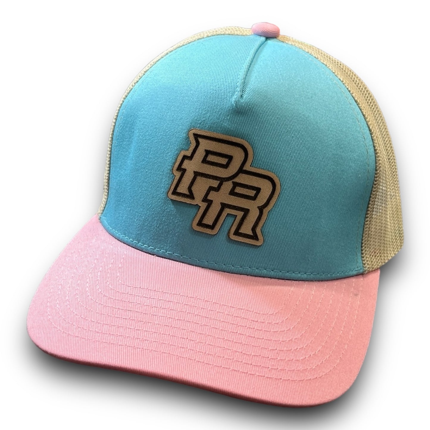 Baby Blue Cap with Beige Mesh and Pink Visor, PR Leather Patch Puerto Rico