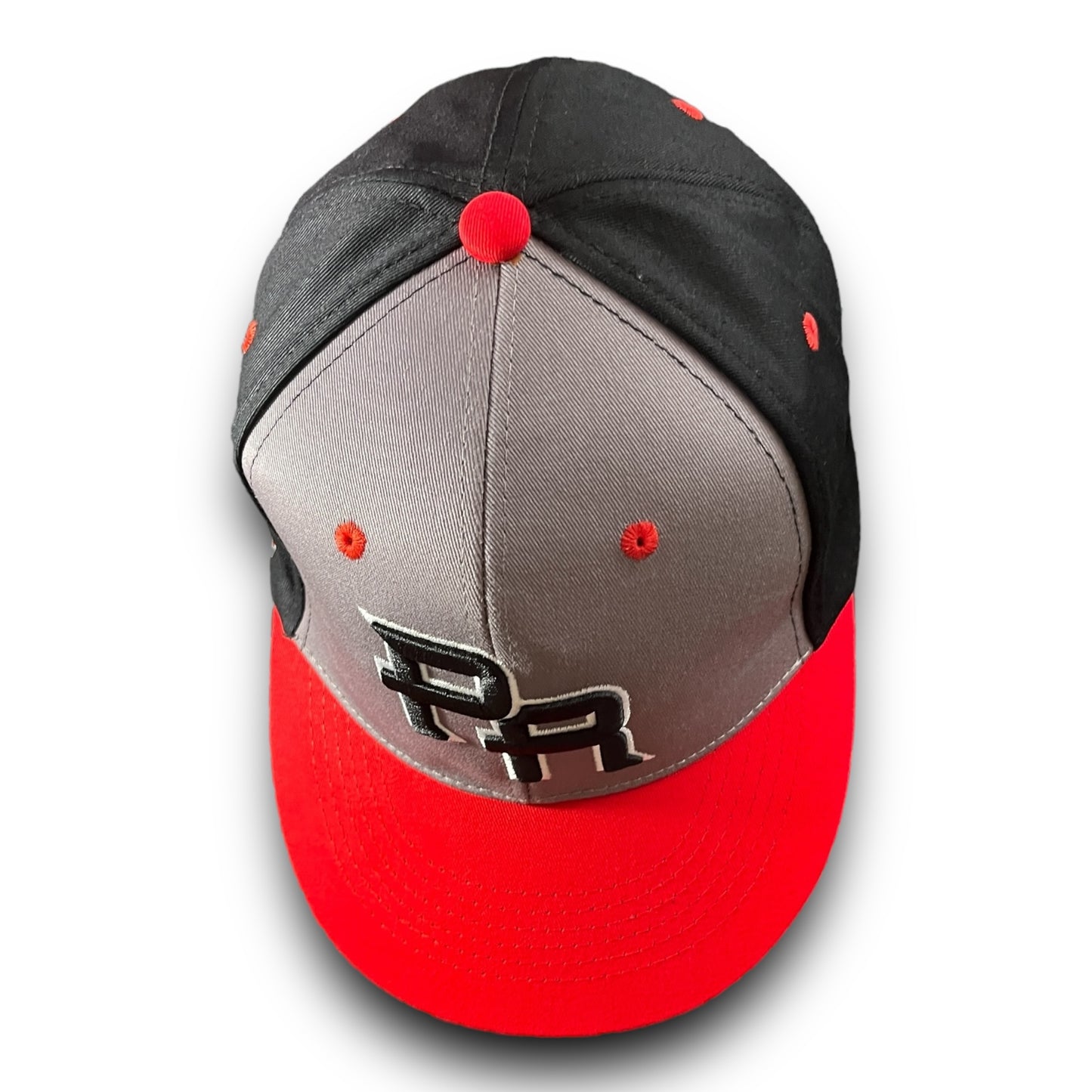 Gray and Black Cap with Red Visor, Crispy Black PR Logo, and Puerto Rico Flag