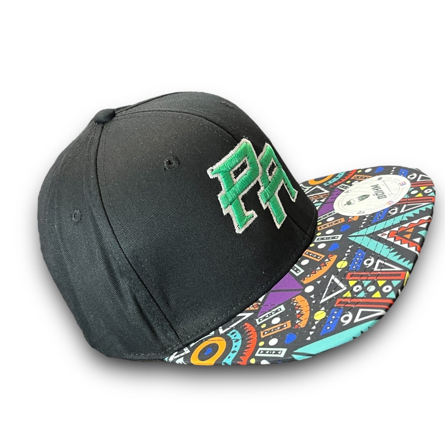 Green Crispy PR Logo on Black Cap with Colorful Geometric Pattern Visor, and Puerto Rico Flag