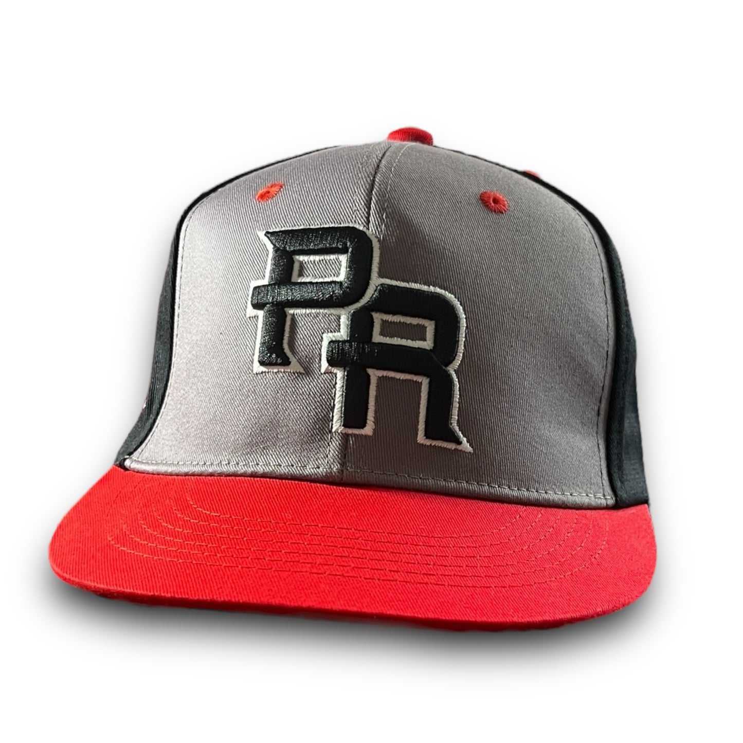 Gray and Black Cap with Red Visor, Crispy Black PR Logo, and Puerto Rico Flag