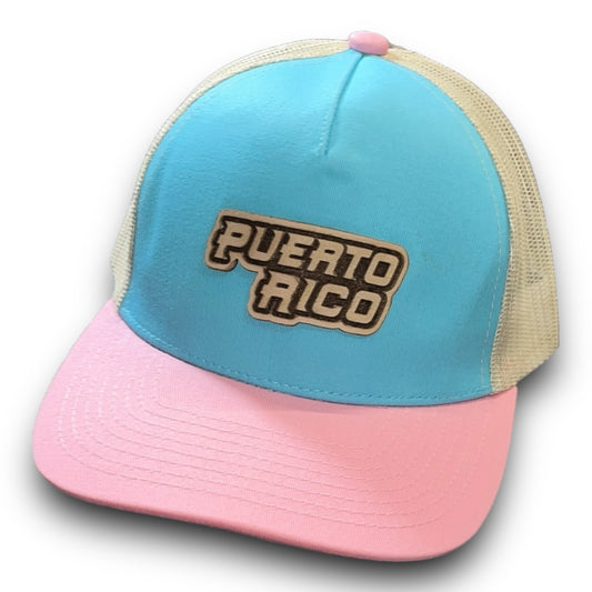 Baby Blue Cap with Beige Mesh and Pink Visor, PUERTO RICO Leather Patch