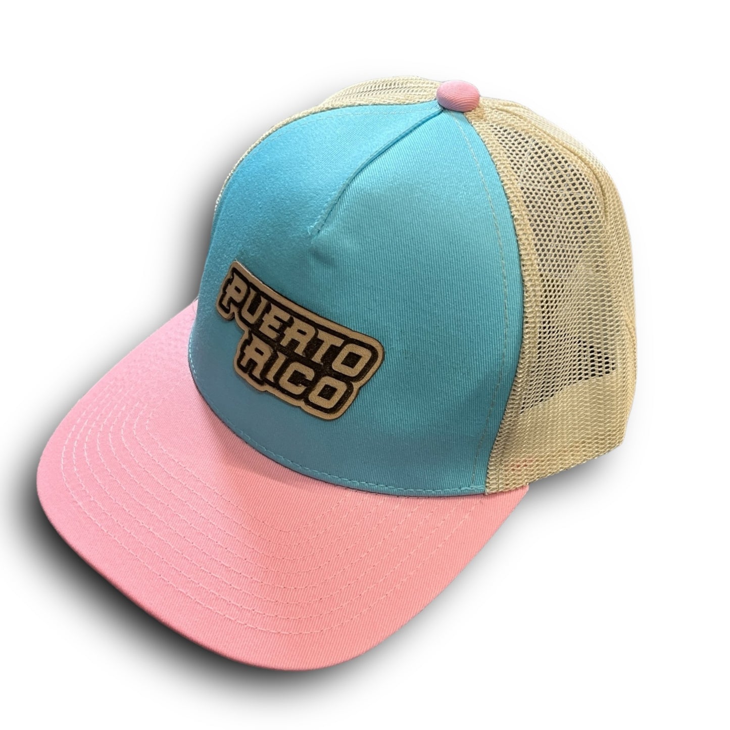 Baby Blue Cap with Beige Mesh and Pink Visor, PUERTO RICO Leather Patch