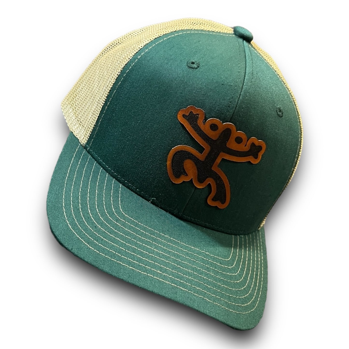 Dark Green Cap with Beige Mesh and Taino Coqui Leather Patch Puerto Rico