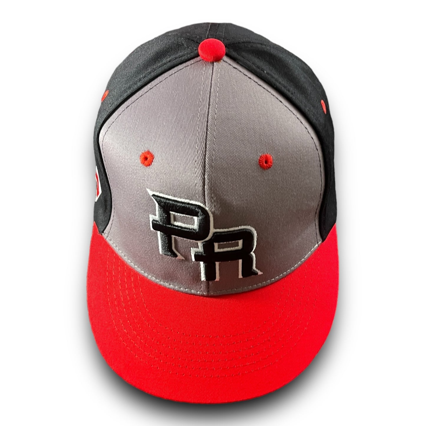 Gray and Black Cap with Red Visor, Crispy Black PR Logo, and Puerto Rico Flag